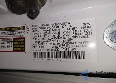 2022 Honda Cr-V Hybrid Touring из США, поврежденный, VIN 5J6RT6H99NL035253